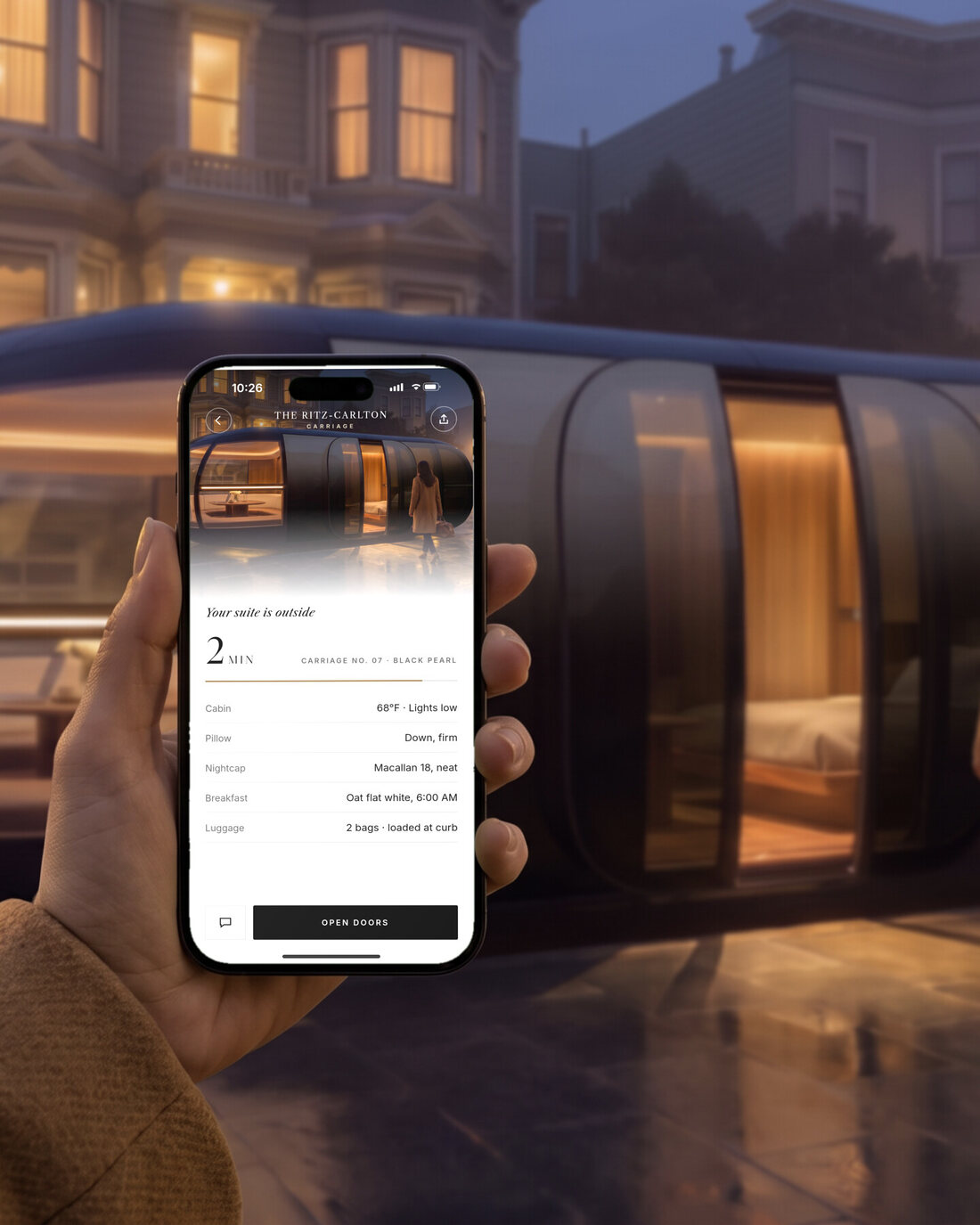 A hand holding an iPhone showing the Carriage app: call