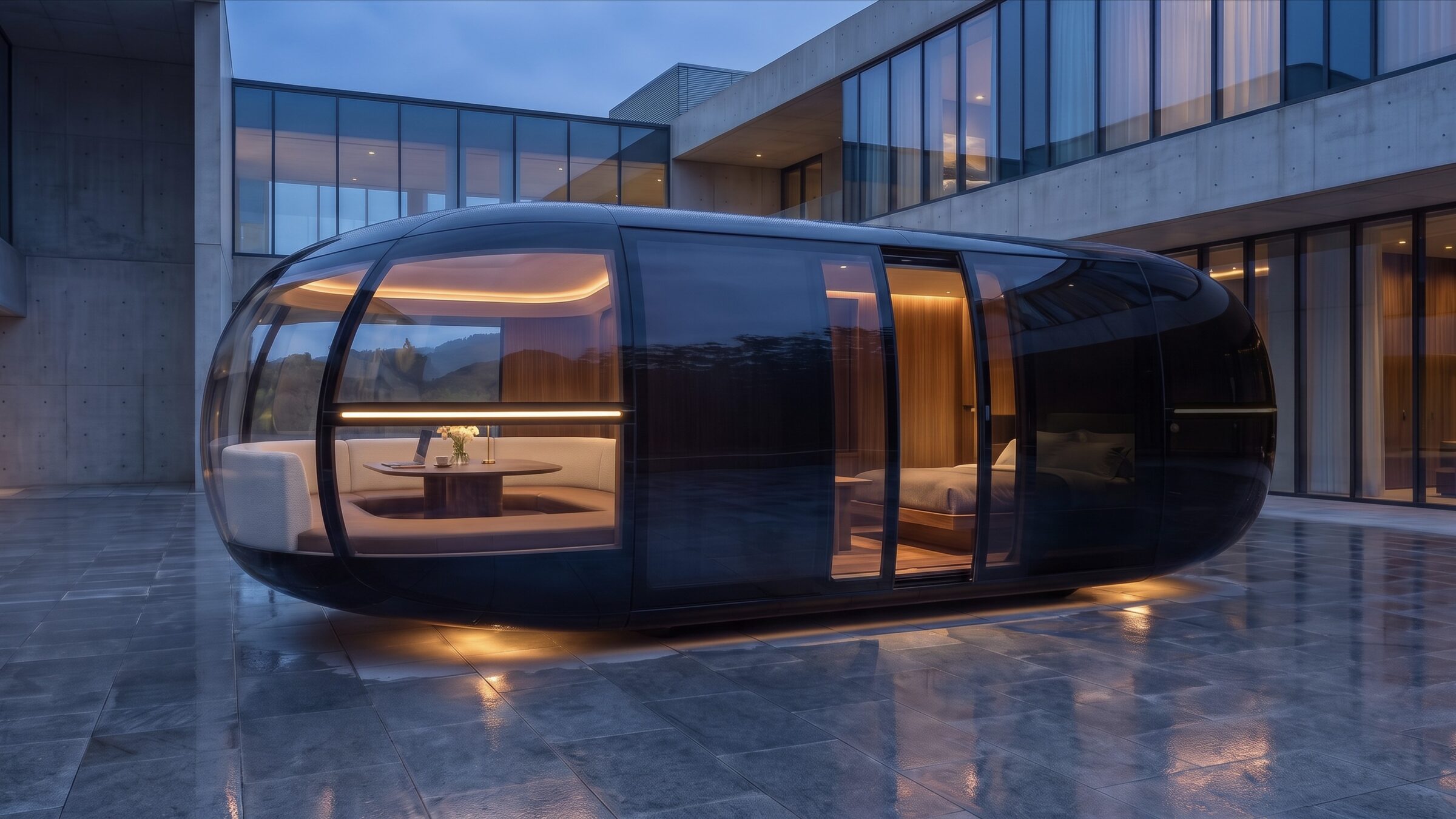 An autonomous smoked-glass hotel suite with a clear-glass lounge, parked in a stone courtyard at dusk