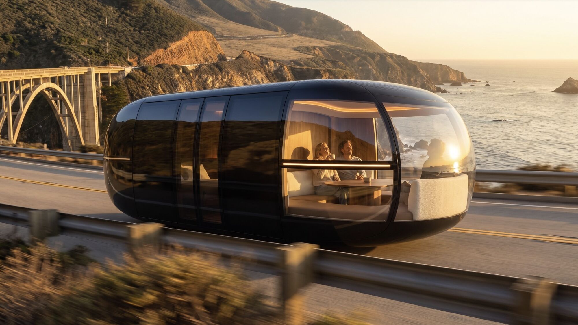 The Carriage on the Big Sur coast at golden hour with passengers inside